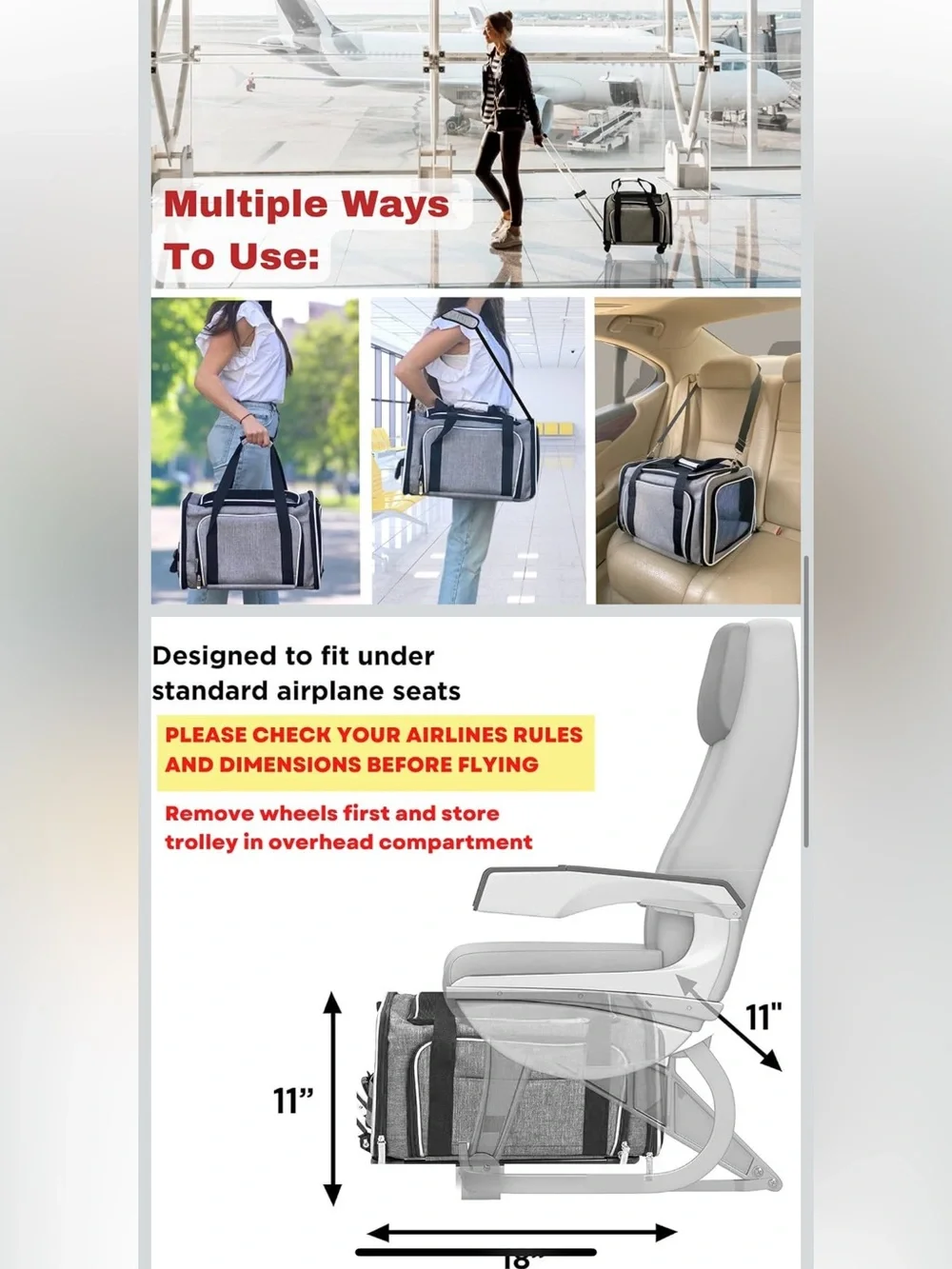 Grey Rolling Pet Carrier Tote - Travel-Ready dog/cat  Carrier